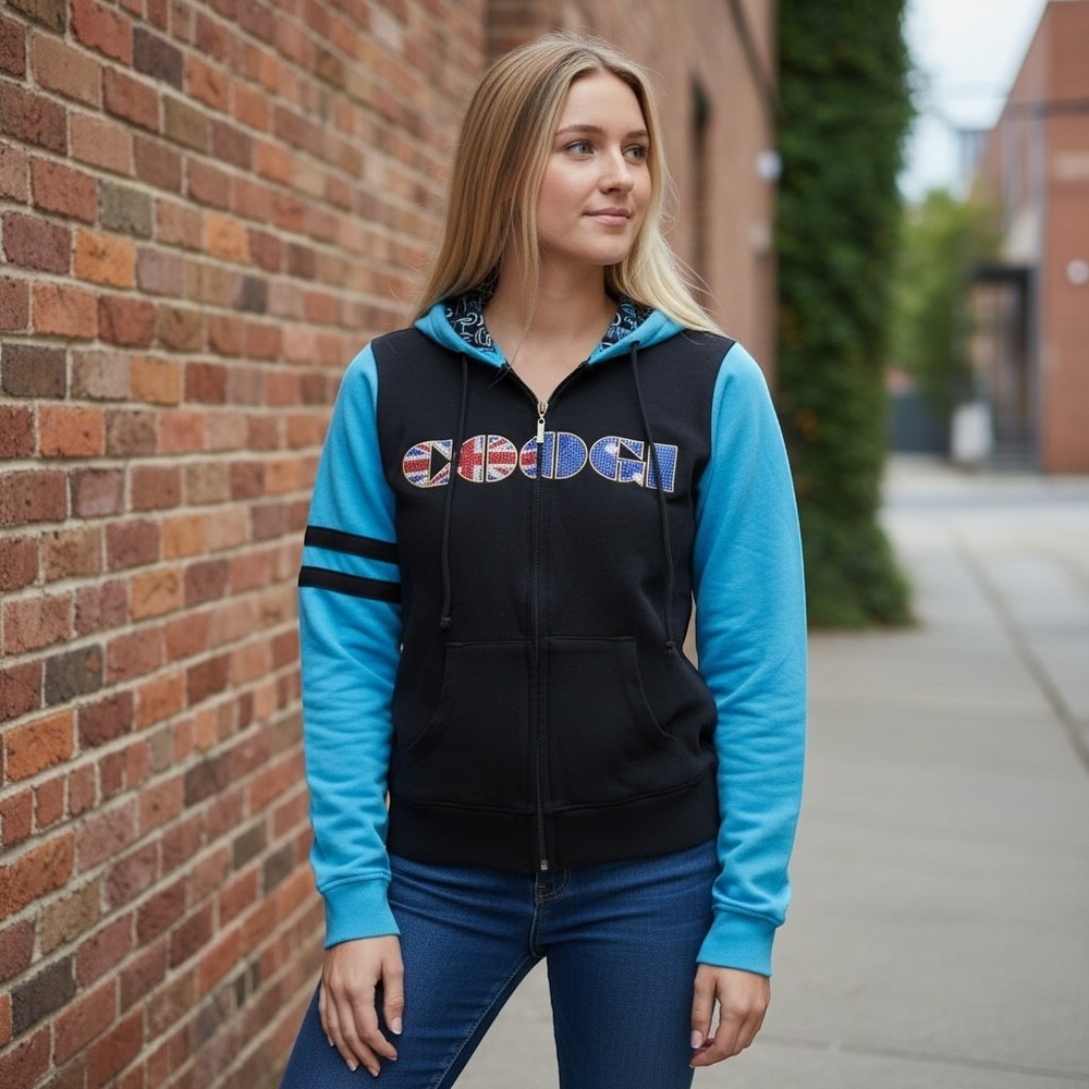 COOGI Women Zip Up Hoodie Rhinestone International Flag Black Blue Large